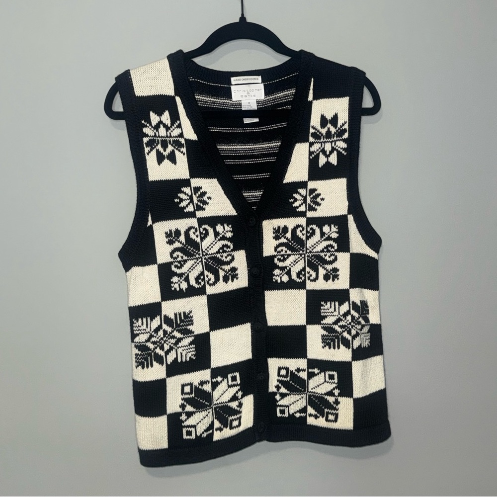 Christopher & Banks Black‎ White Hand Embroidered Checkered Sweater Vest M